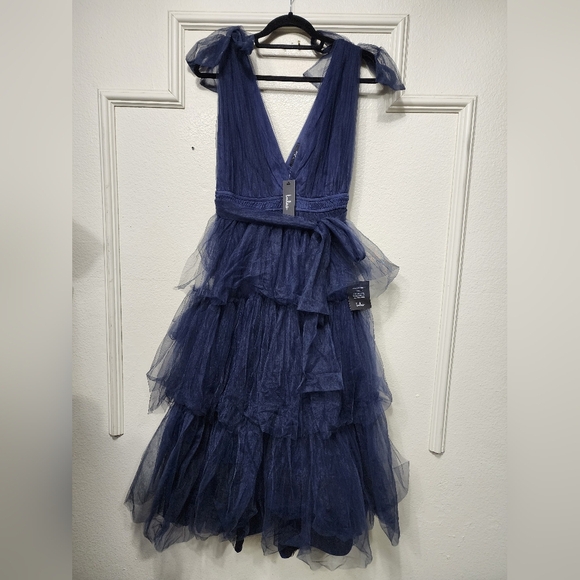 Lulus Flawless Arrival Navy Blue Tulle Tie-Strap Tiered Maxi Dress L Wedding - Picture 6 of 8